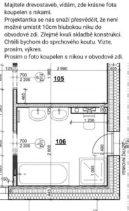 Technický výkres koupelny v dřevostavbě s vyznačenou nikou v obvodové stěně.
